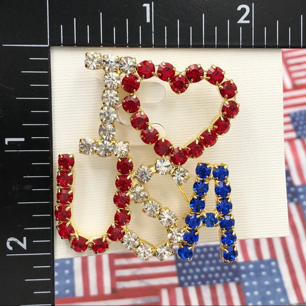 I Love USA Pin Rhinestone Large Brooch